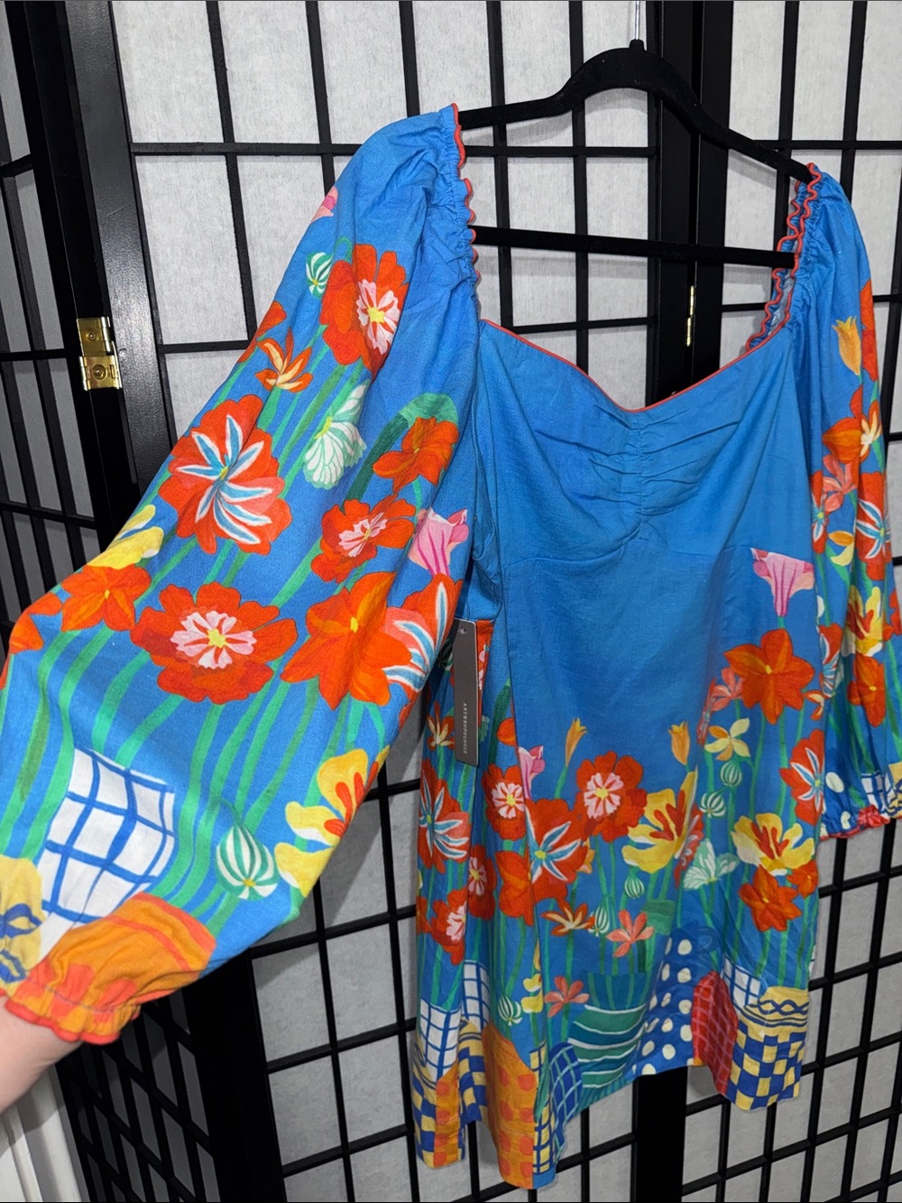FARM Rio Blue Floral Puff Sleeve Mini Dress Size L Colorful Garden Print - Picture 13 of 15